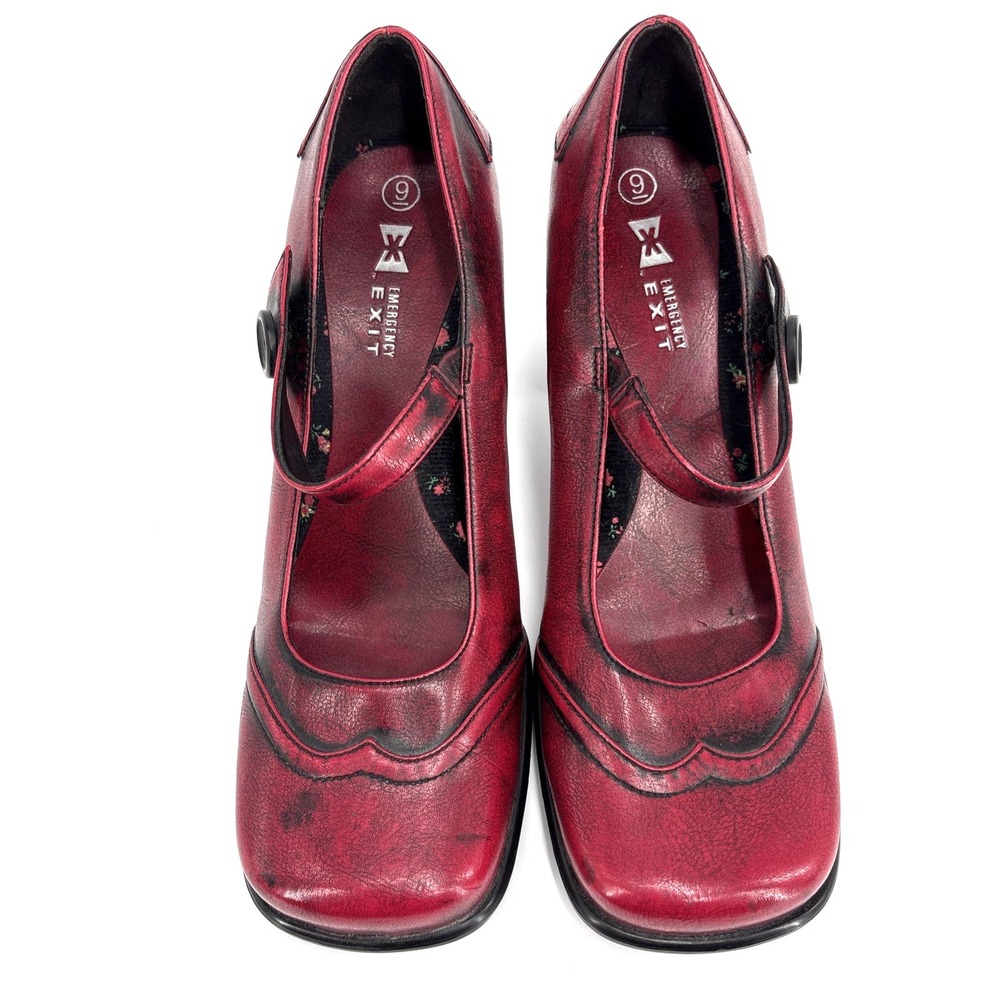 EMERGENCY EXIT Mary Jane Block Heels Womens 9 Red Chauncy Buckle Strap Shoes